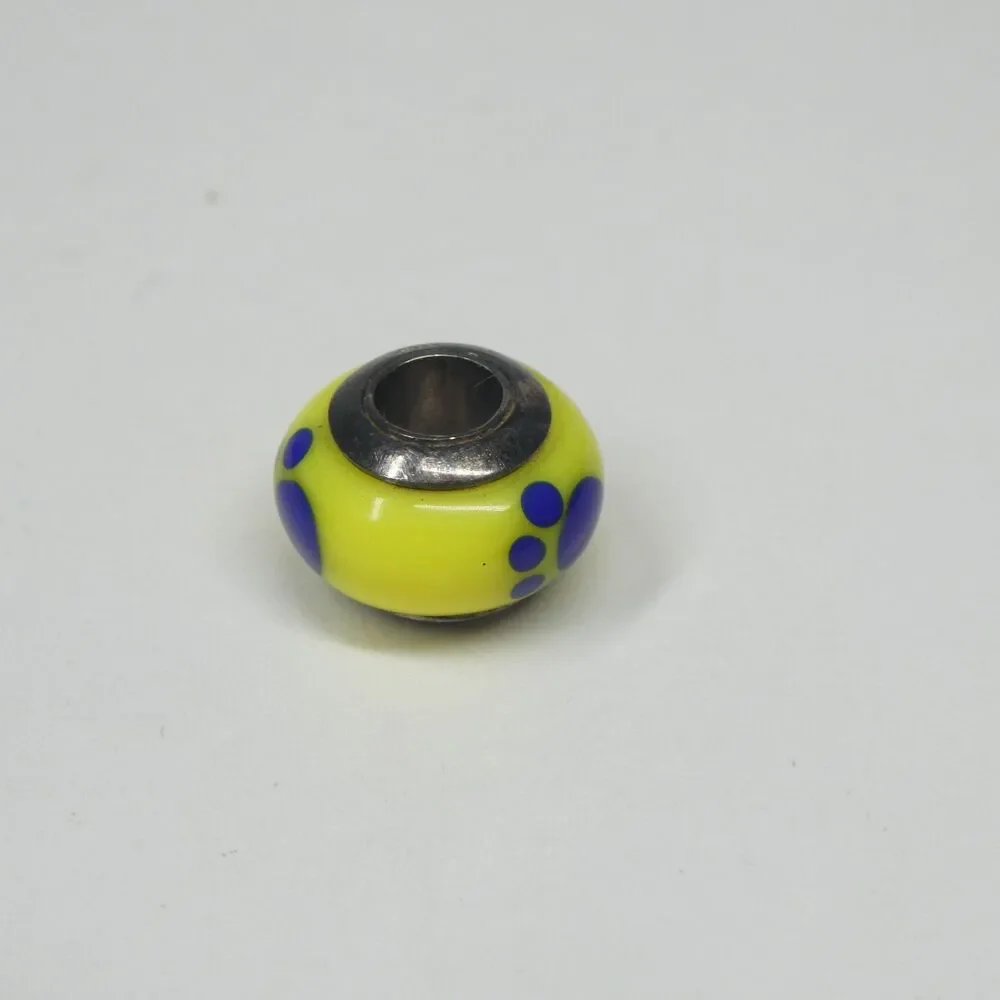 Ohm Glass Bead Blue Yellow Paw Print Dog 925 Sterling Silver Charm